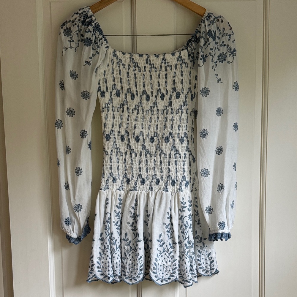 White and Blue Embroidered Mini Dress
